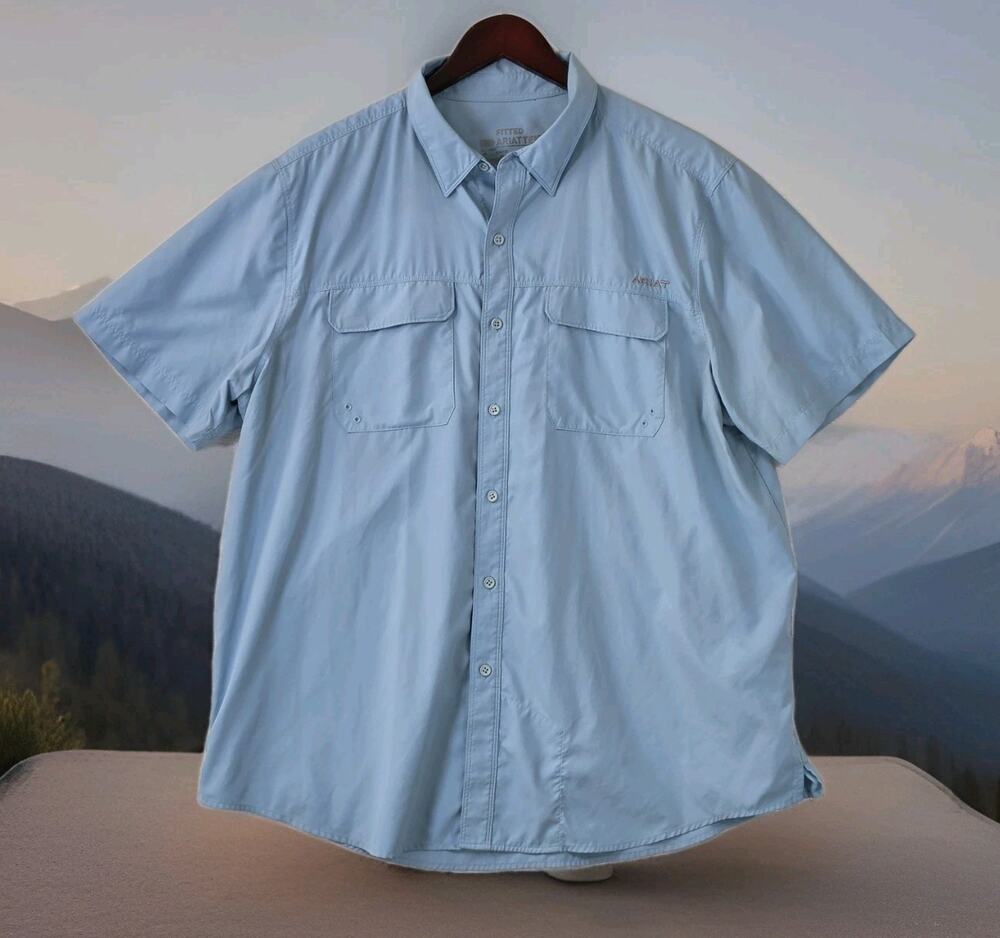 Ariat Tek Vented Fishing Fitted Men's Shirt XL ShortSleeve ButtonUp Blue Pockets